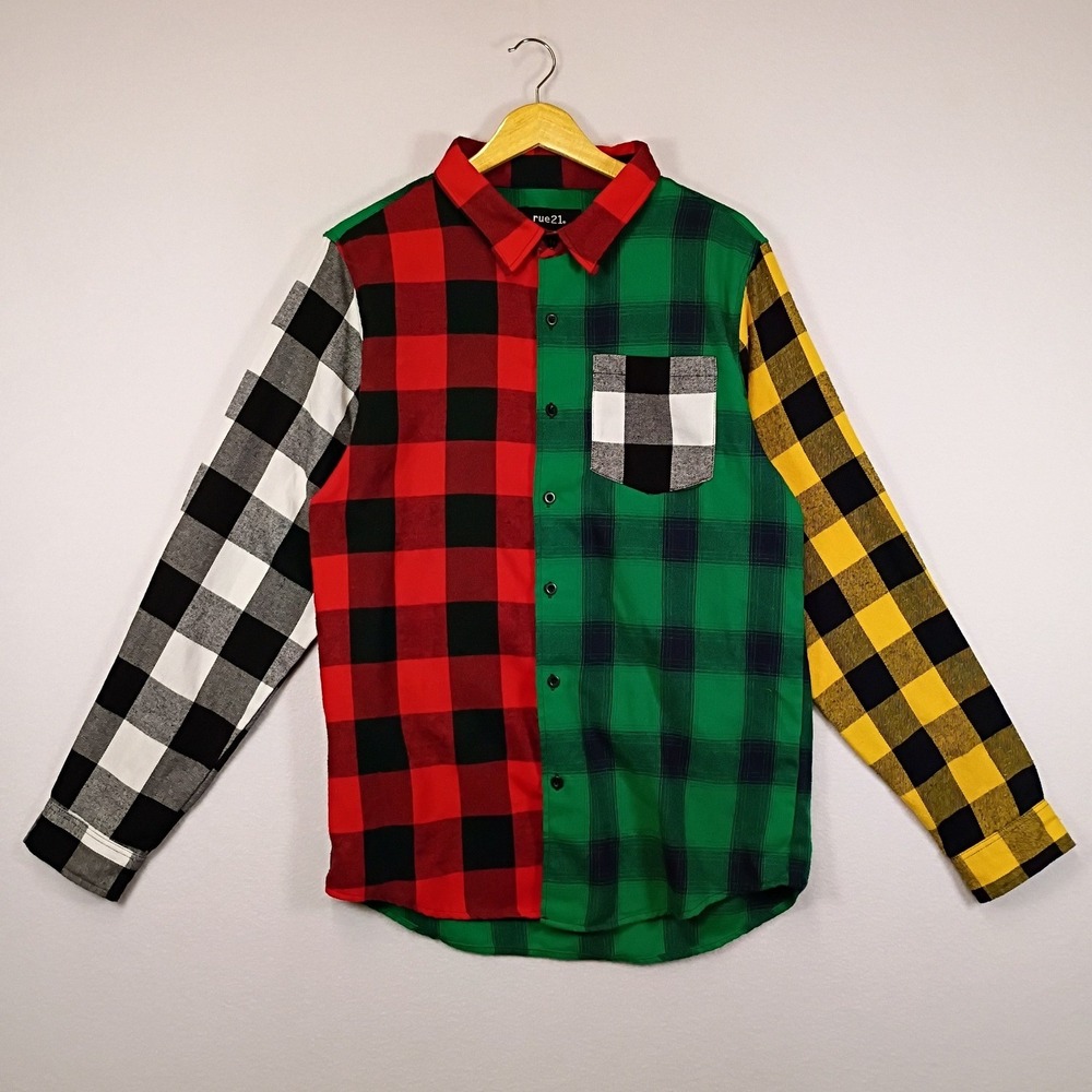 Streetwear rue21 Mens Medium Multicolor Colorblock Buffalo Plaid Flannel Shirt